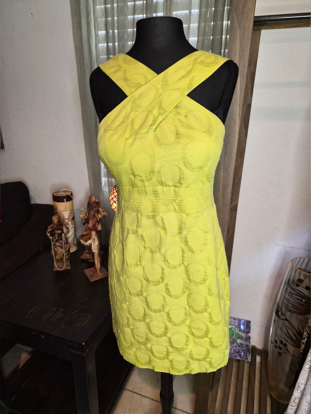 Muse Yellow Cross Front Halter Mini Dress Circle Jacquard Size 12 EUC #0165